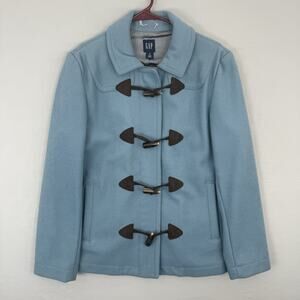 Gap Baby Blue Wool Blend Peacoat Womens M Leather Toggle Coat Jacket Pockets